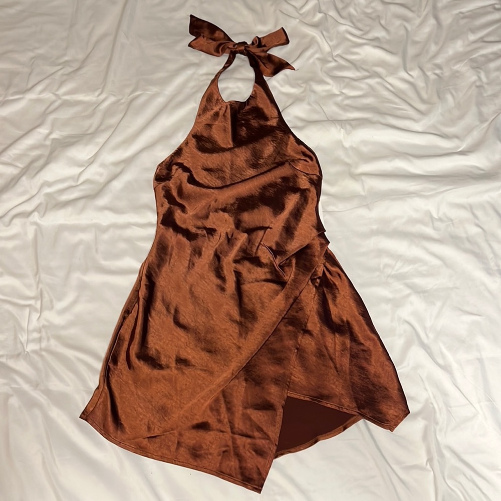 Hello Molly satin finish brown haltered dress